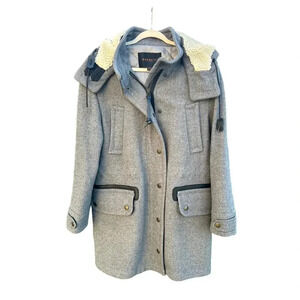Coach Women’s Granite Gray Wool Coat Jacket With Hoodie And Leather Trims Size M